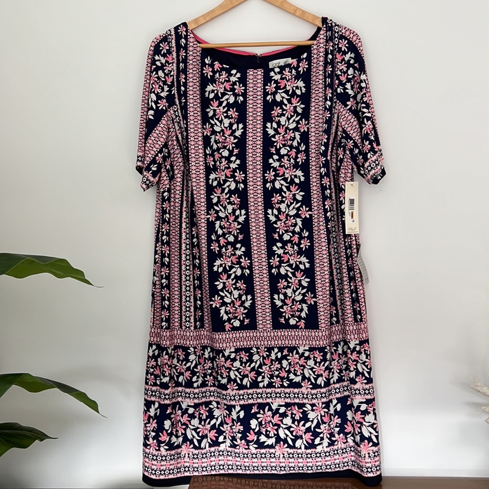 Eliza J Floral Print Shift Dress NWT 16W Navy Pink White